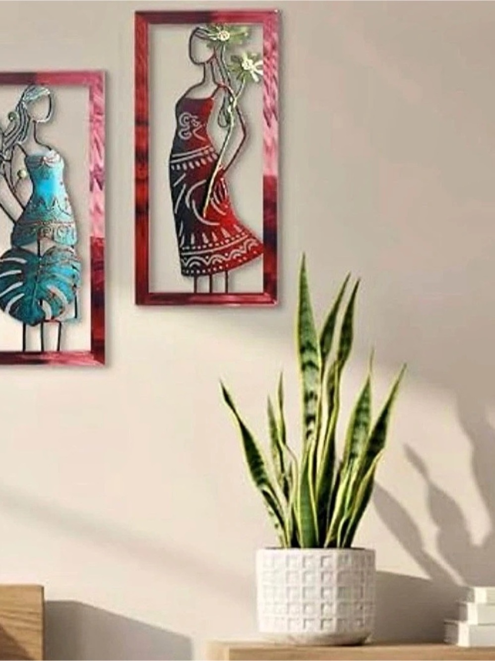 Boho Framed 3D Metal Wall Art Set, Red & Turquoise